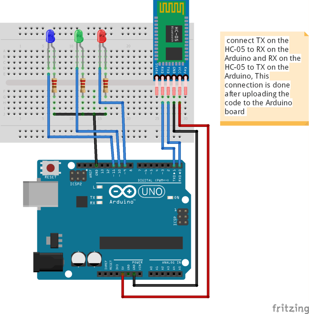 Bluetooth voice control of LEDs using Arduino schematic