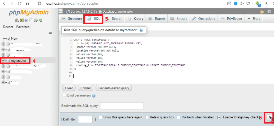 creating SQL table in the database