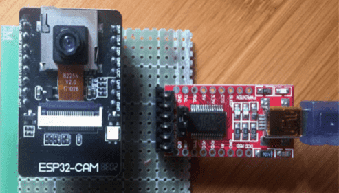 ESP32-CAM and FTDI adapter on solderable breadboard