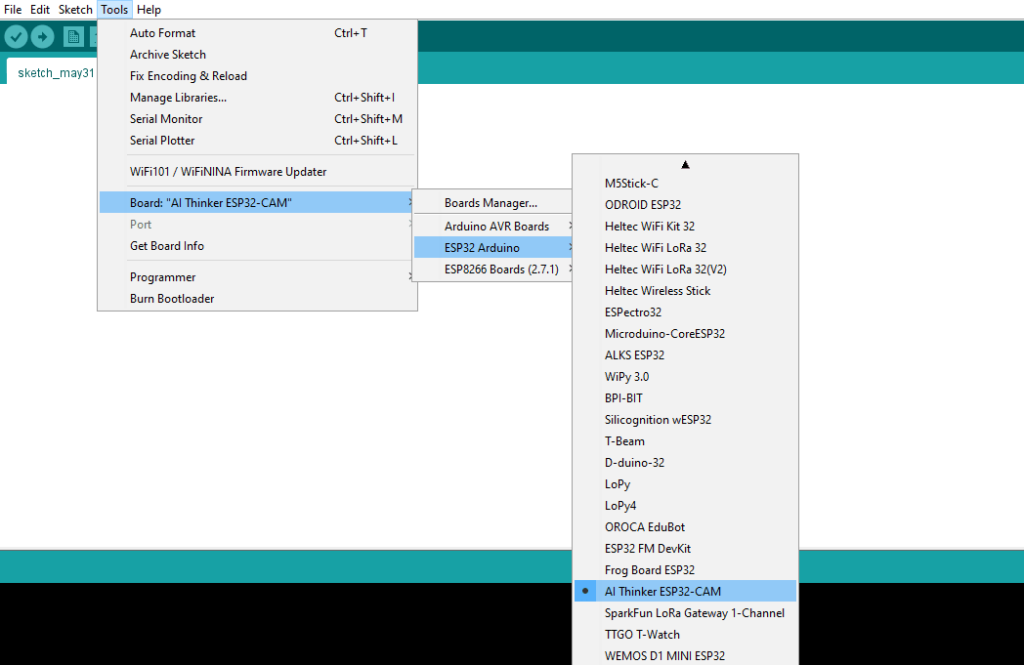 Selecting the ESP32-CAM model in use 