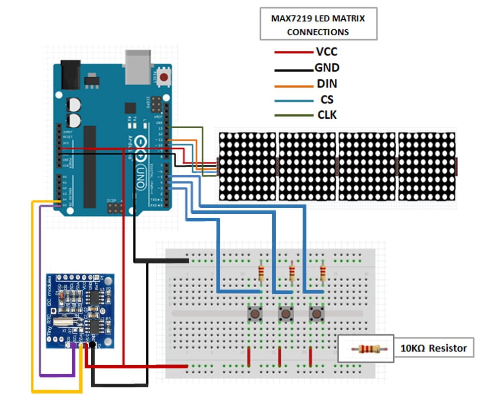 DS1307 RTC and MAX7219 LED Matrix with Arduino Schematic