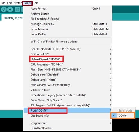 Checking NodeMCU upload speed and COM port