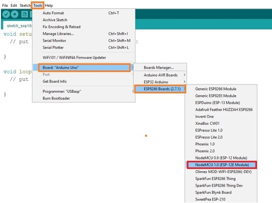 Selecting the type of NodeMCU being used