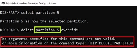 command prompt delete partition error