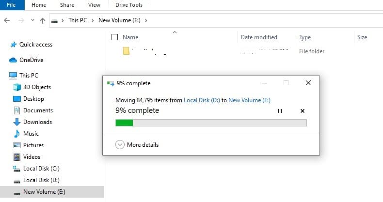 copying files from D drive to New Volume E