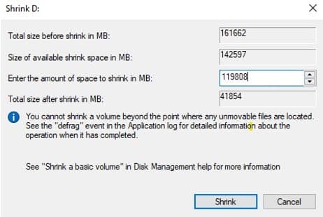 Enter amount of space to shrink D drive