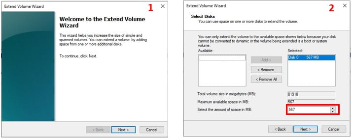 Extend Volume Wizard windows 10