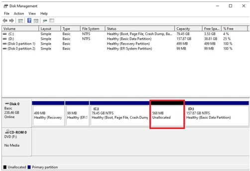 unallocated disk space after deleting recovery partition