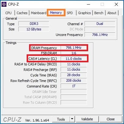 Checking RAM frequency and latency using CPU-Z