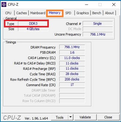 Checking RAM using CPU-Z tool