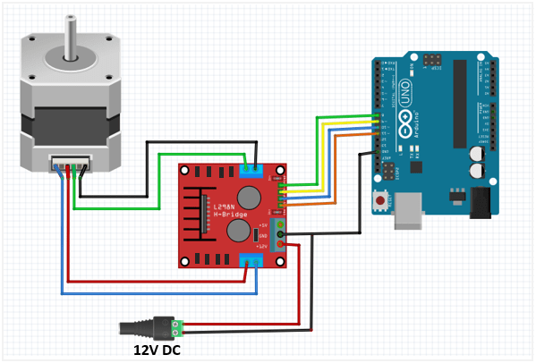 Schematic for connection of L298N motor driver to Stepper motor and Arduino. 