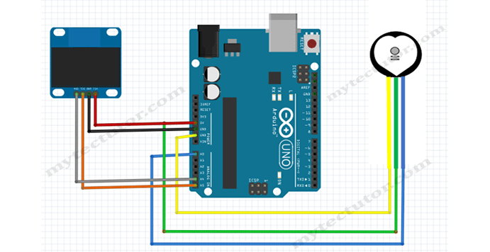 Schematic for connecting pulse sensor with Arduino and SSD1306 OLED