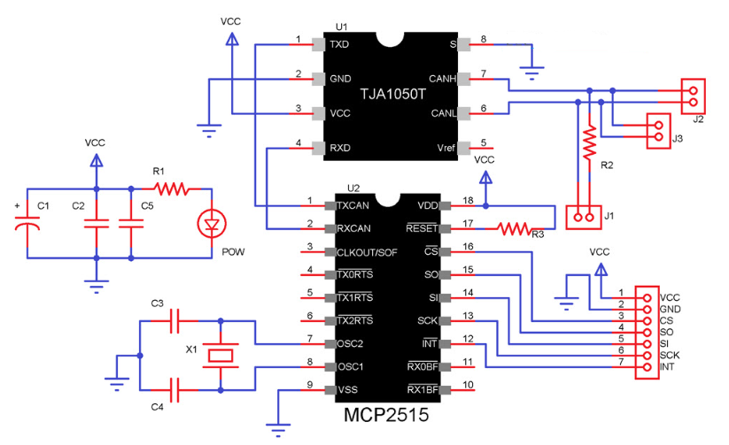 Schematic of how MCP2515 and TJA1050 ICs are connected