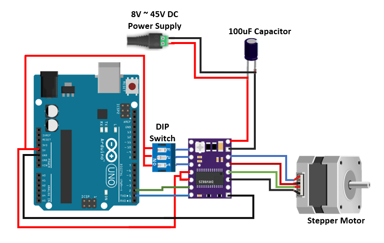 schematic for connecting DRV2588 Stepper motor driver to Arduino 