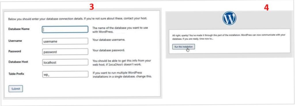 installing wordpress _fill in database name, user name and password