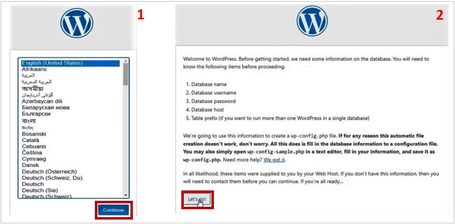 begin installing wordpress using web browser