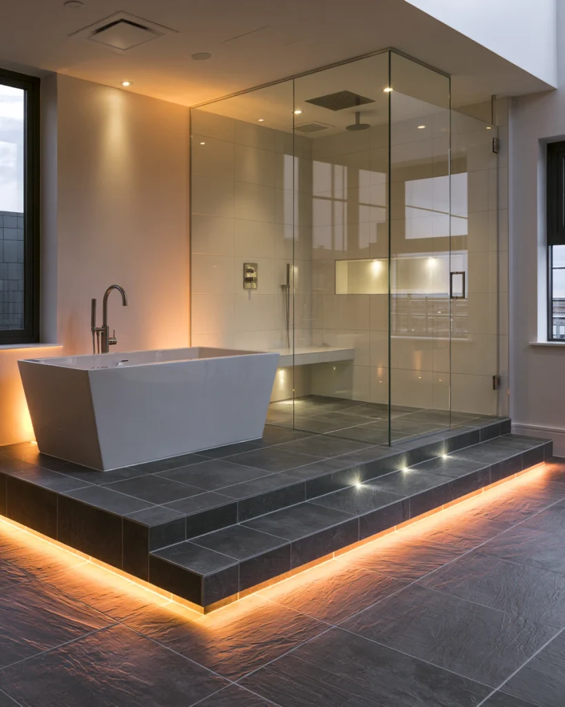 Bathtub and walk-in shower built on a shared tiled platform