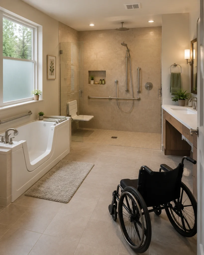Low-threshold shower and bathtub with grab bars and clear access