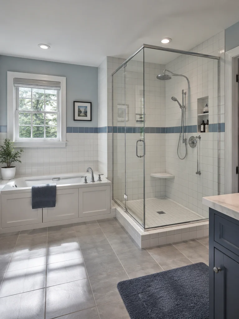 Alcove bathtub next to a separate glass walk-in shower