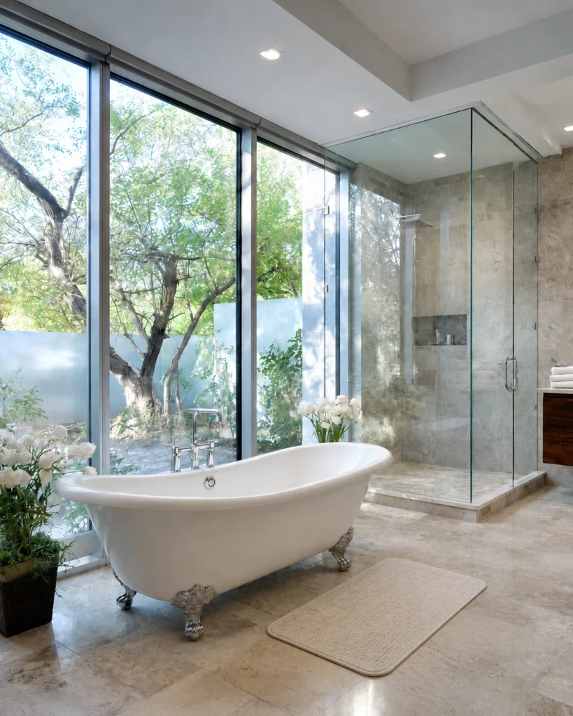 Spacious bathroom layout with a clawfoot tub, glass walk-in shower and clear circulation space