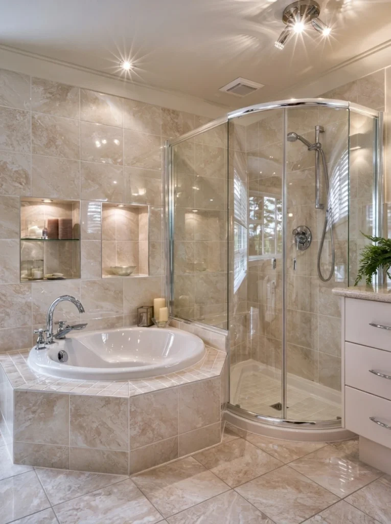 Corner bathtub arranged beside a glass walk-in shower