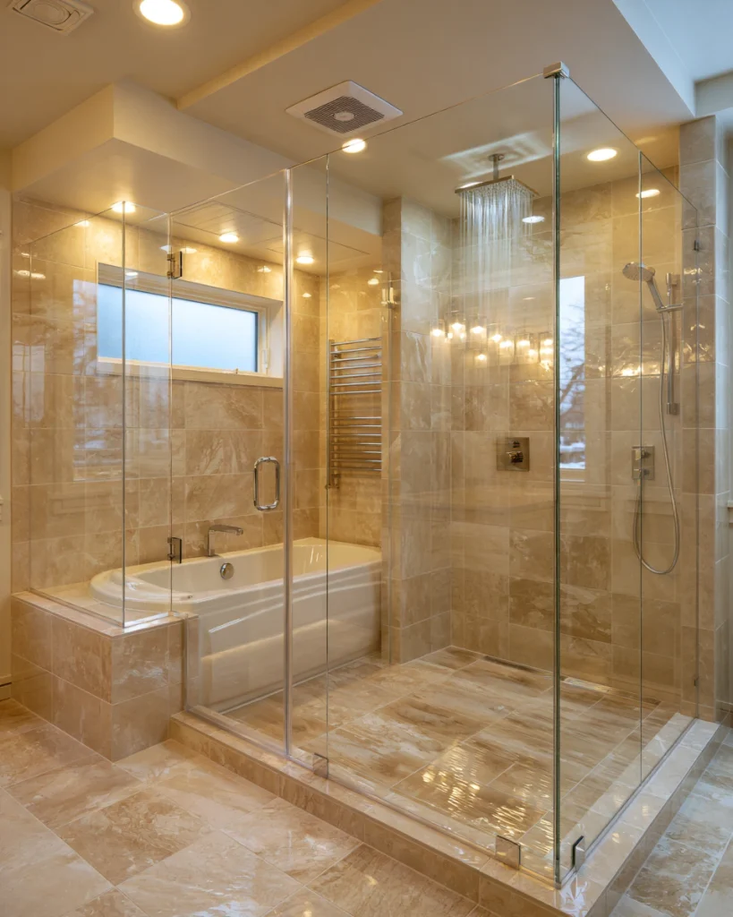 Glass-enclosed shower and bathtub wet room designed for warmth