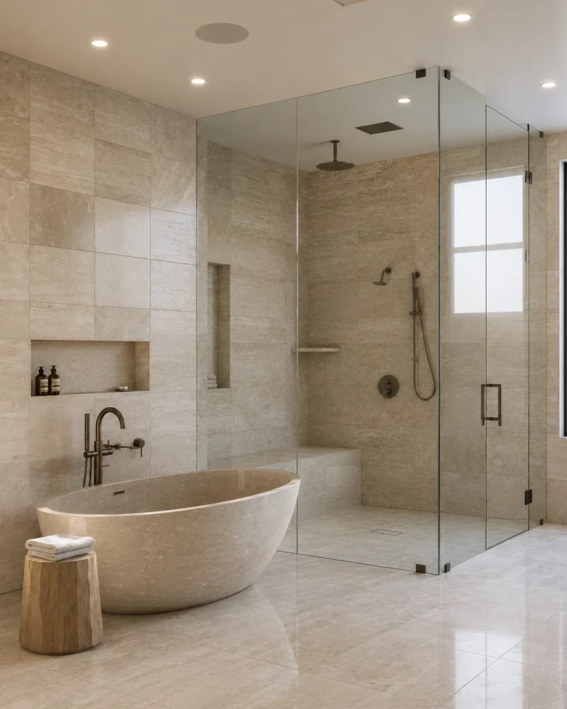 Freestanding tub and shower enclosed behind frameless glass