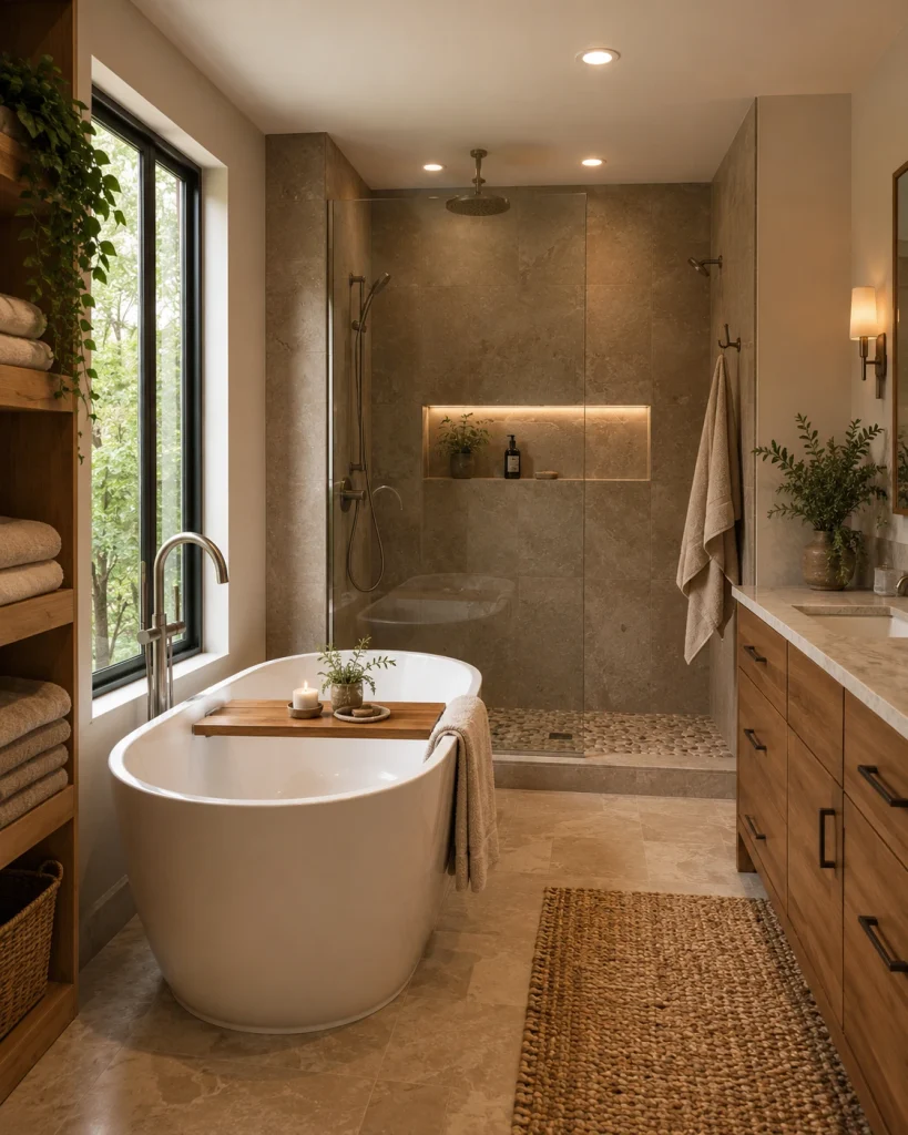 Natural spa-inspired bathroom with a freestanding tub, stone-tiled walk-in shower, wood accents and indoor plants.