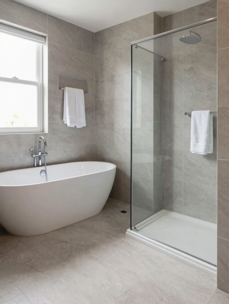 Open tiled wet room with a bathtub and walk-in shower