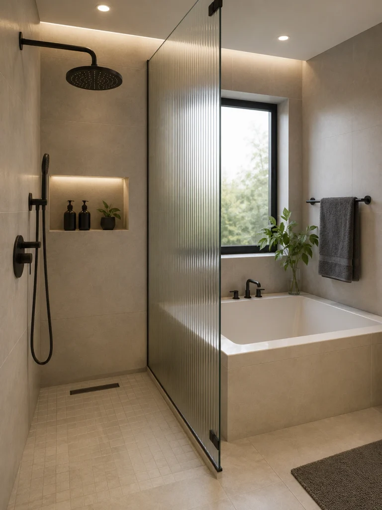 Partial glass panel separating a shower from a bathtub