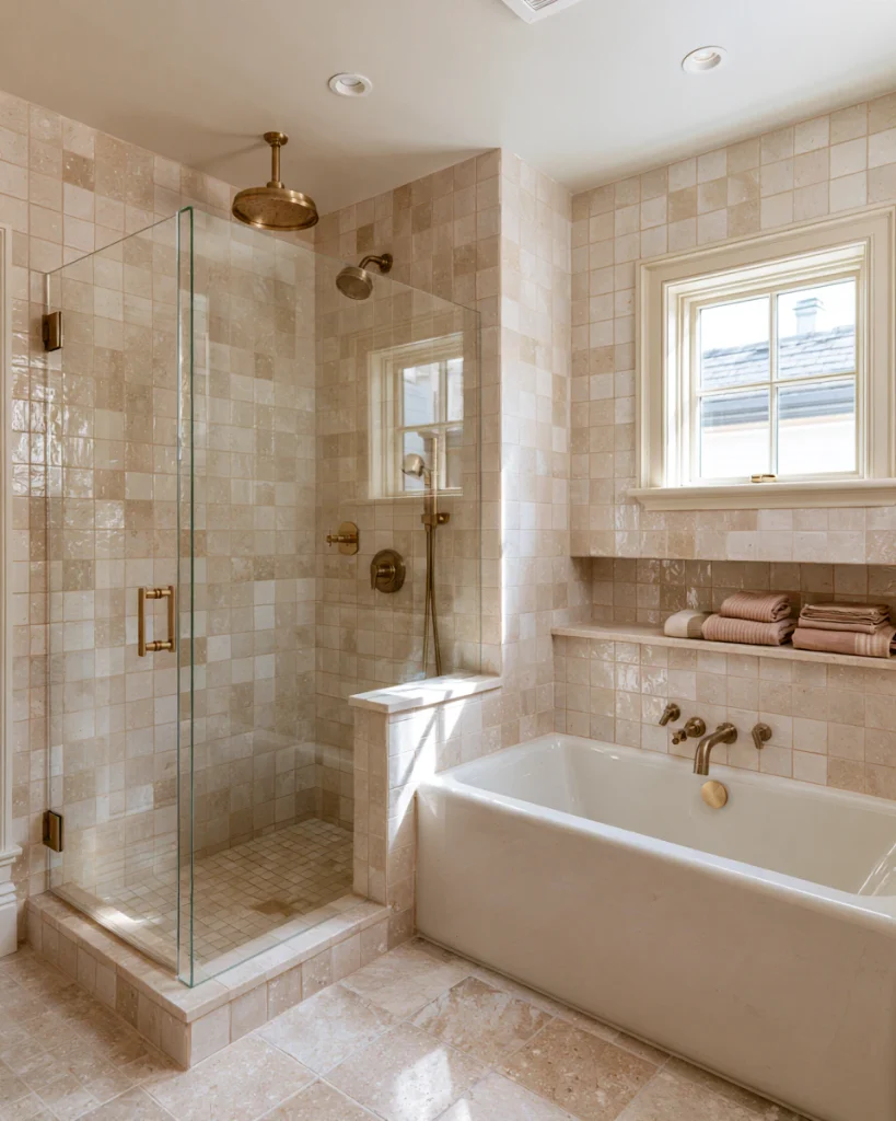 Walk-in shower positioned beside a built-in bathtub