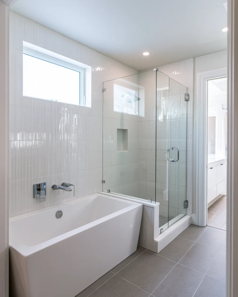 Compact soaking tub beside a corner walk-in shower