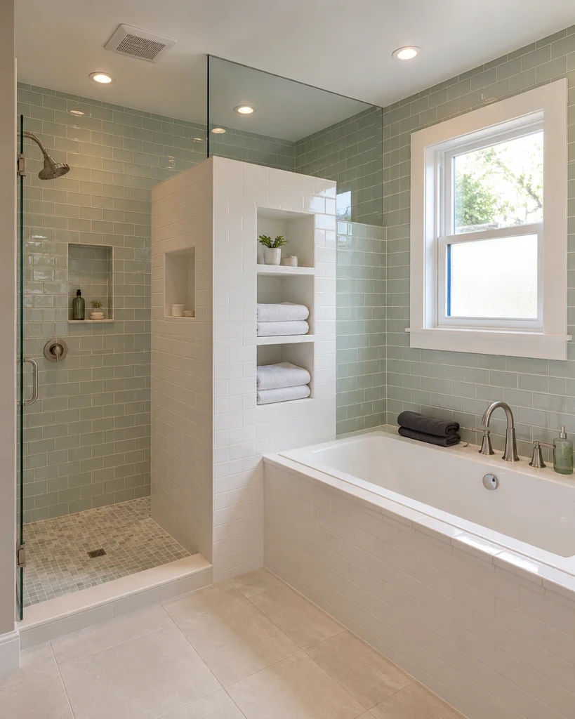 Storage partition positioned between a shower and bathtub